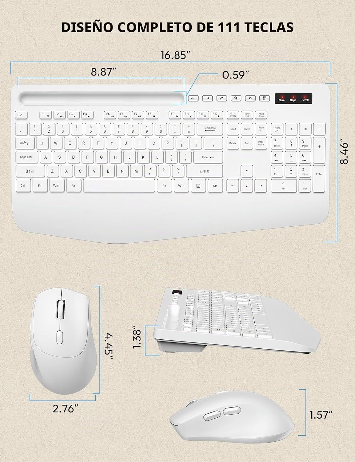 Combo de teclado y mouse inalámbricos, reposamuñecas ergonómico de...