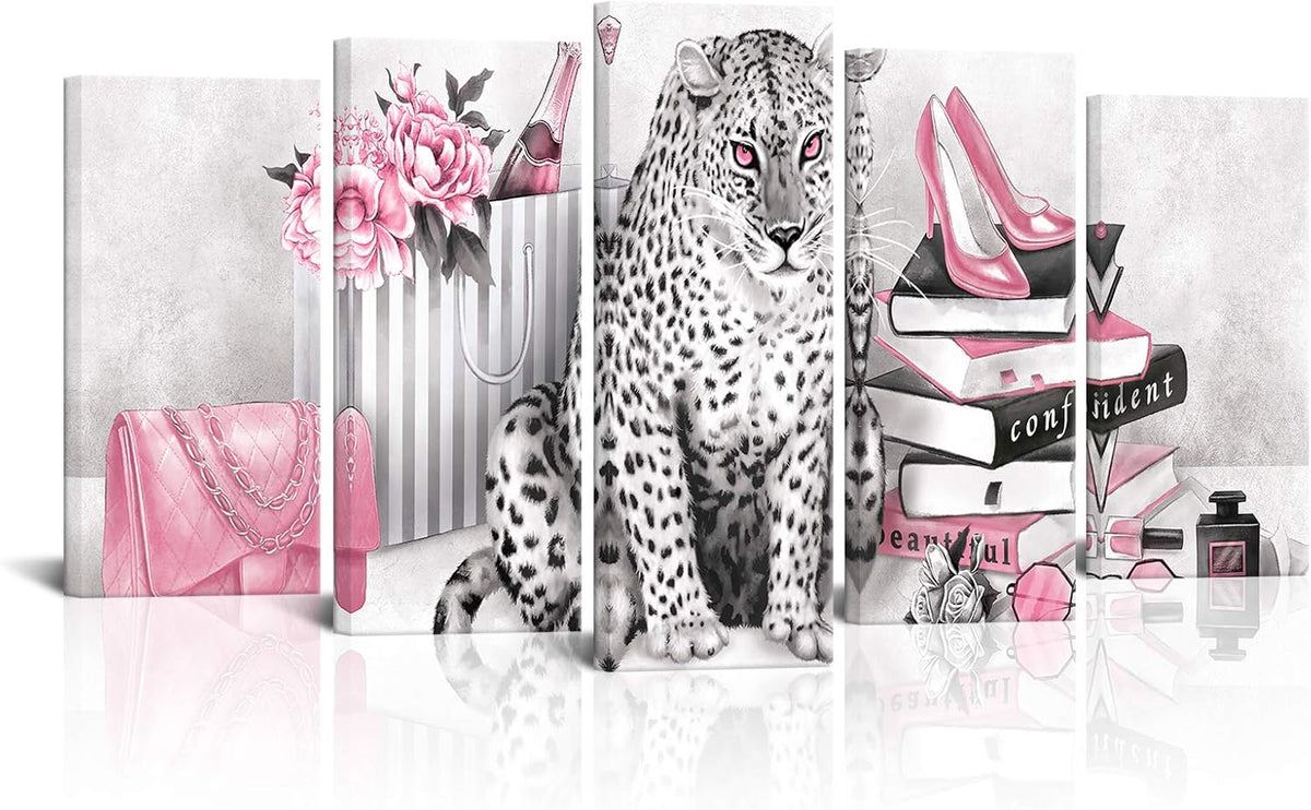 Kalormore Fashion Glam Poster Negro y Blanco Leopardo con Flores Ro...