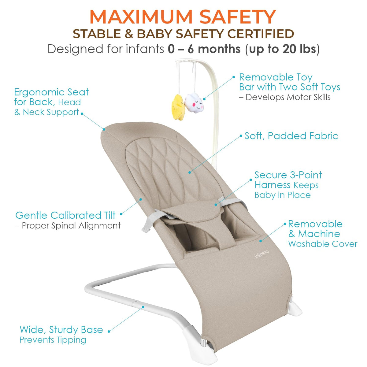 Asiento portátil para bebé con base ancha para una excelente estabi...