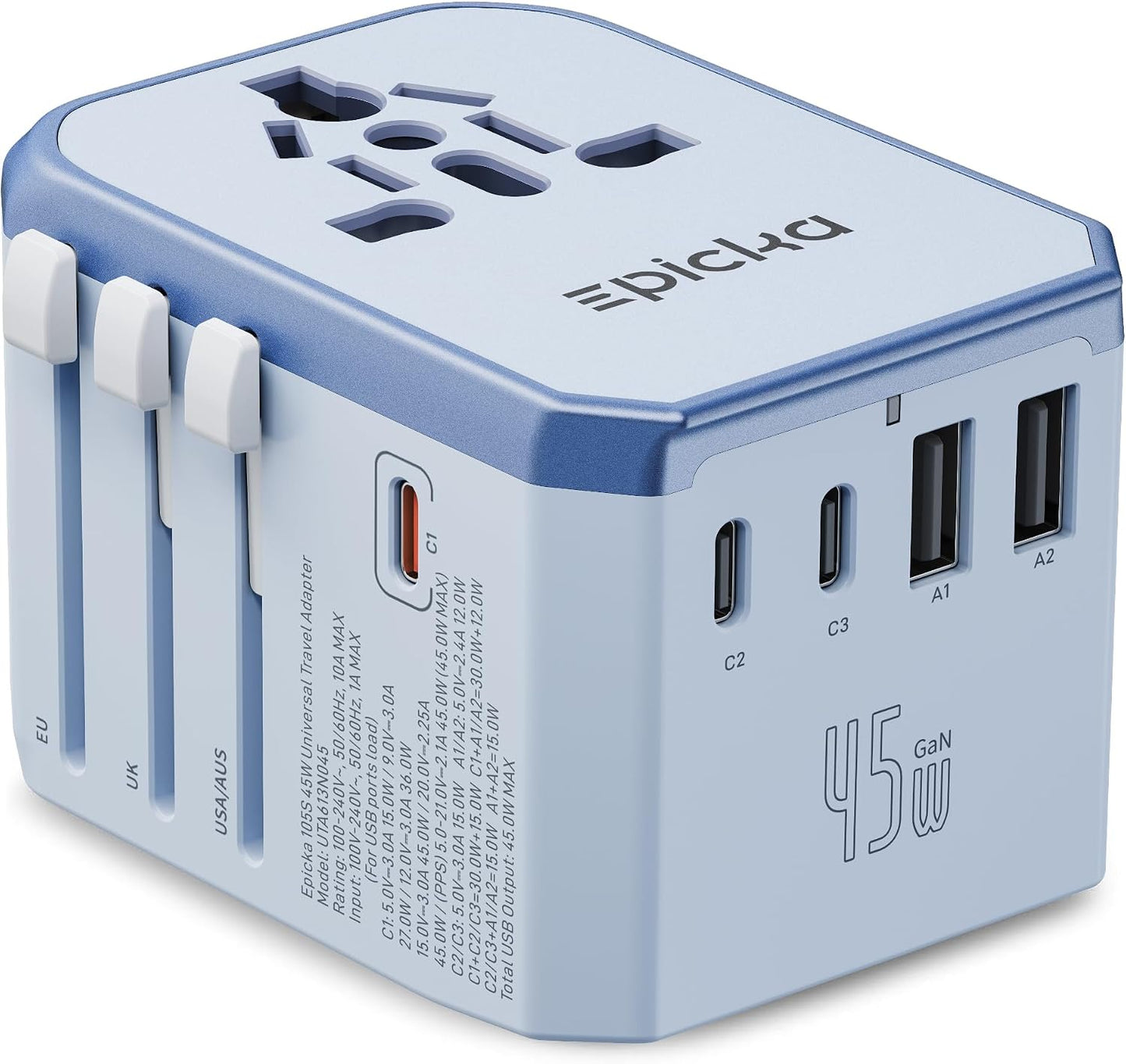 EPICKA Adaptador de viaje universal de 45 W PD&amp;QC, 1AC\/3USB-C\...