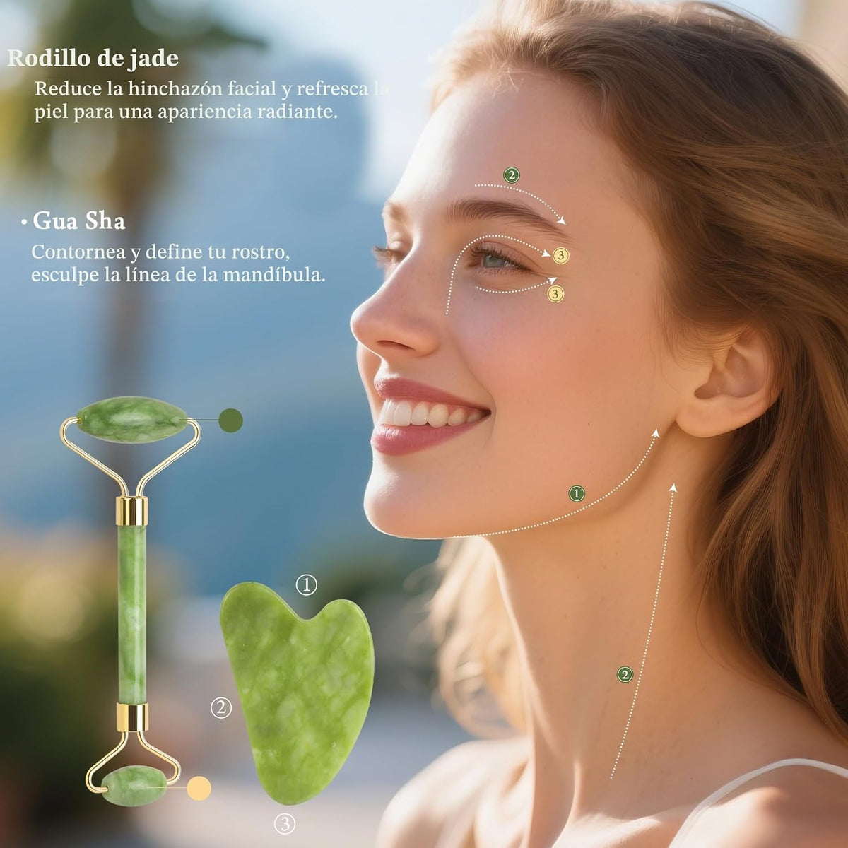Real Perfection Juego de herramientas faciales Gua Sha con rodillo...