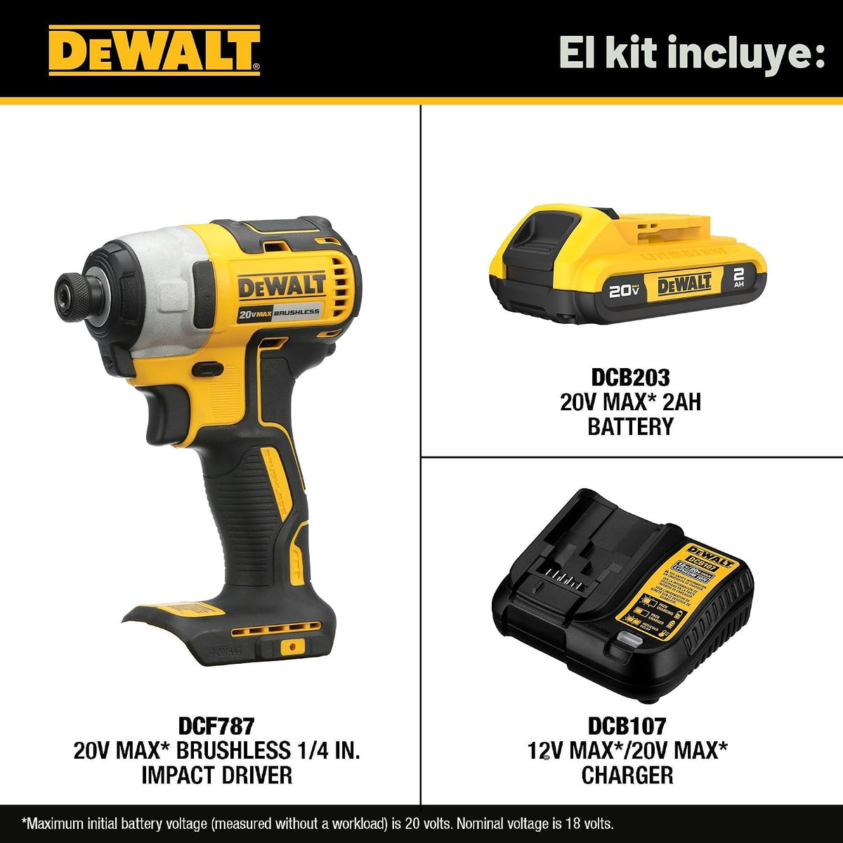 DEWALT Atornillador de Impacto 20V MAX, 1\/4 Pulgada, Batería y Car...