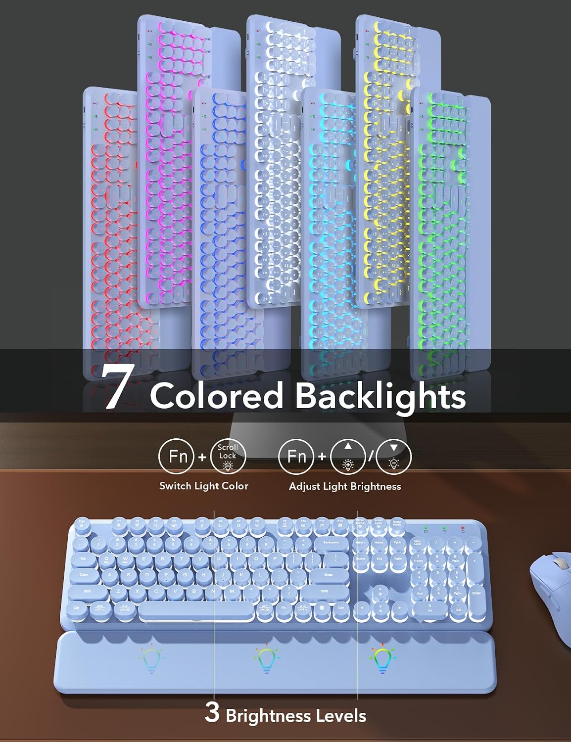 Teclado inalámbrico y mouse retroiluminados, teclado de máquina de...