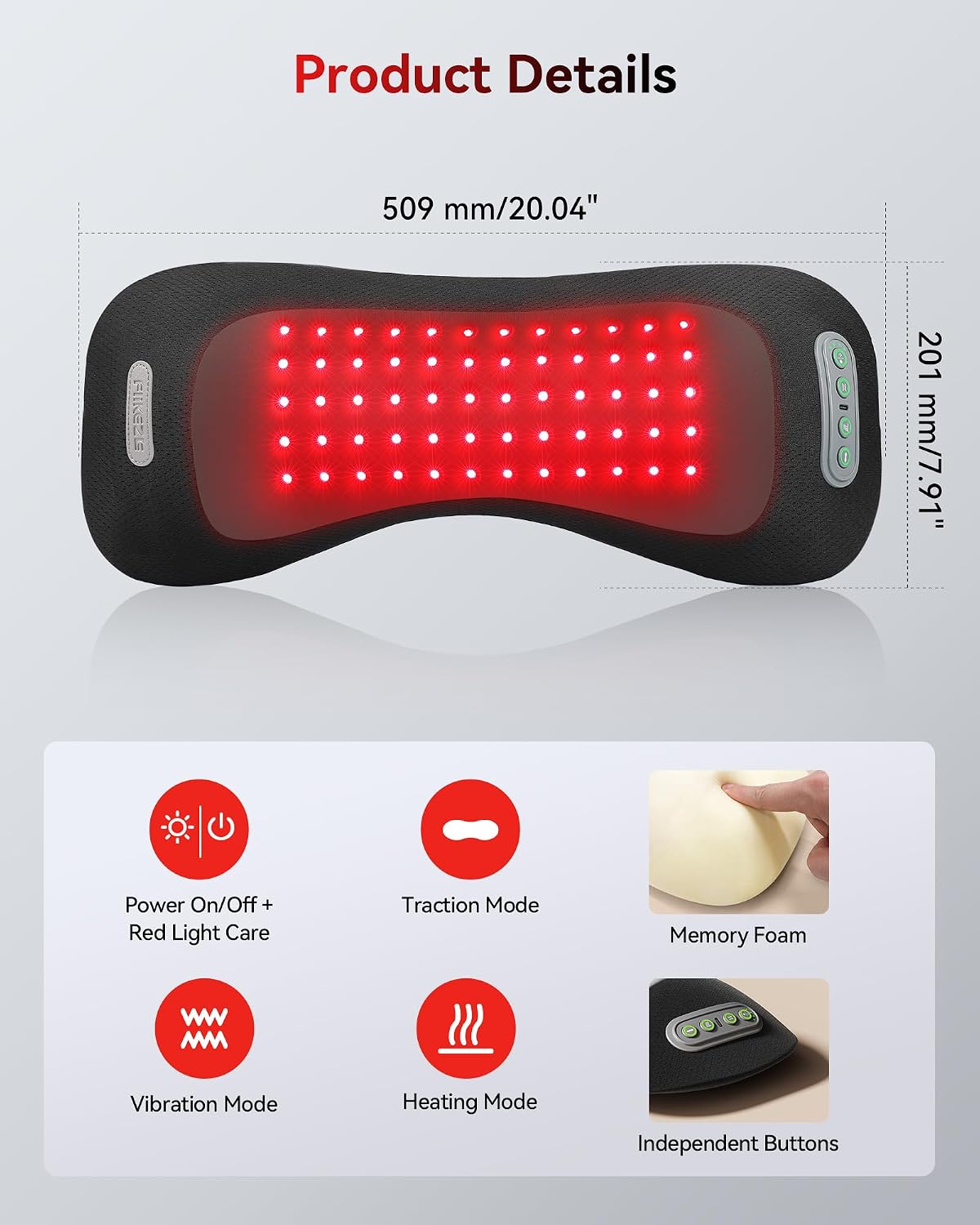 Almohada de apoyo lumbar 4 en 1 con luz roja 650 nm 850 nm, masajea...