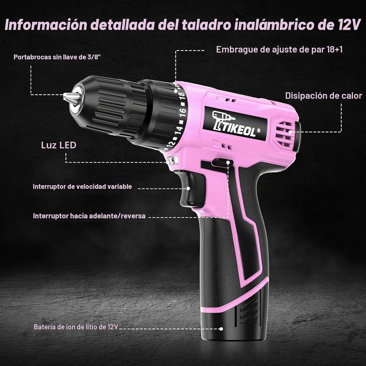 TIKEOL Juego de taladro inalámbrico de 12 V con batería y cargador,...