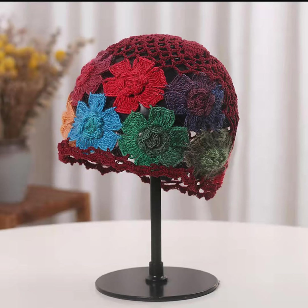 CORIRESHA Boho Chic Hecho a Mano Crochet Flor Beanie Ligero Hueco Y...