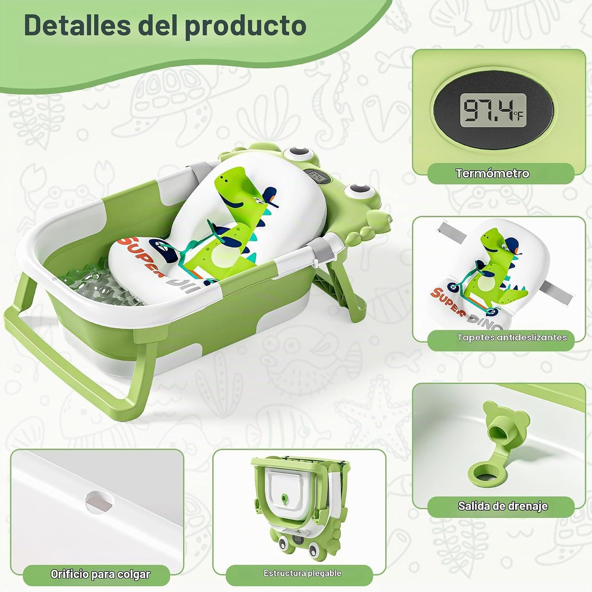 Bañera plegable para bebés recién nacidos con termómetro y cojín fl...