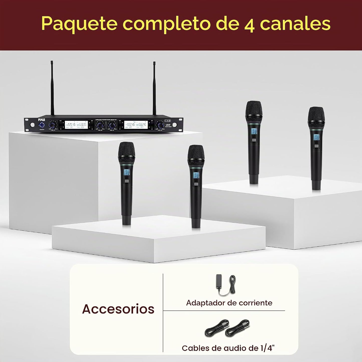 Pyle Sistema de micrófono inalámbrico de 4 canales con 4 micrófonos...
