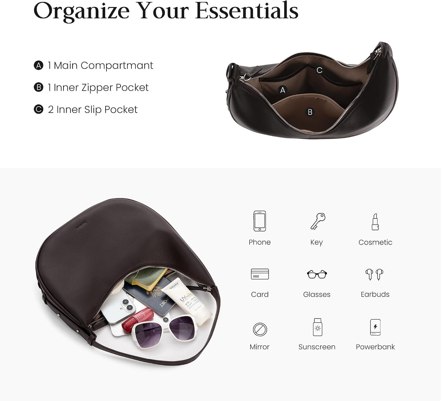 befen Bolsos estilo hobo de cuero genuino para mujer, bolsos cruzad...