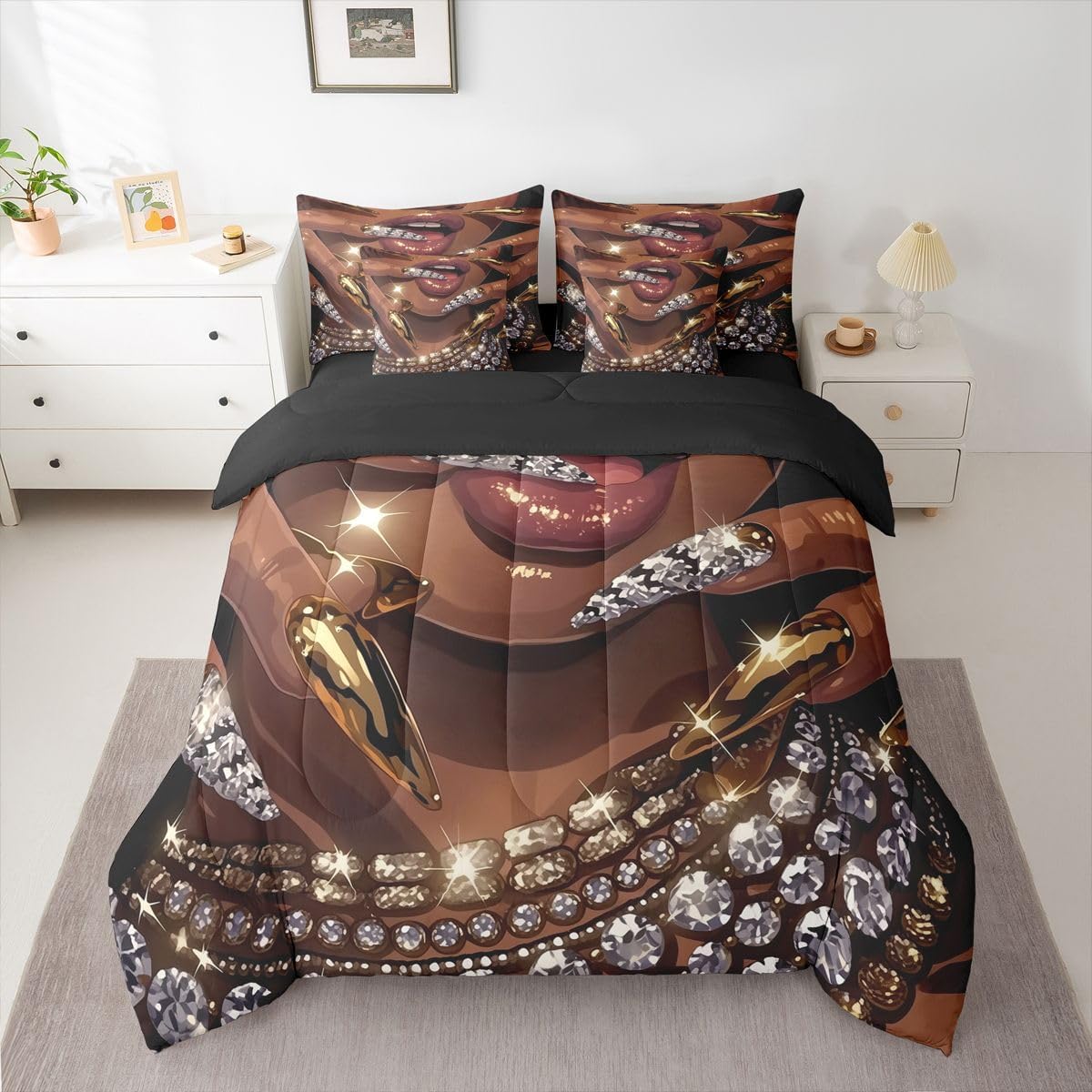 Erosebridal Juego de edredón de 7 piezas para mujer negra, cama Que...