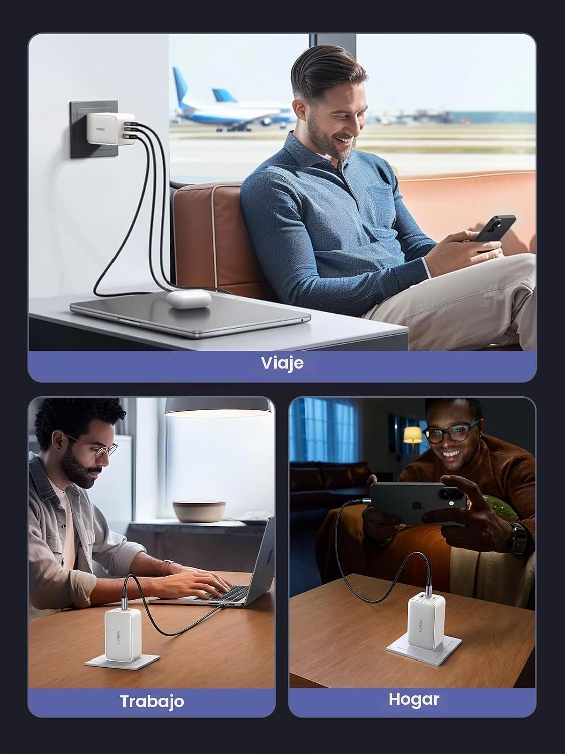 UGREEN Bloque de cargador USB C de 65 W, Nexode 3 puertos GaN Fast...