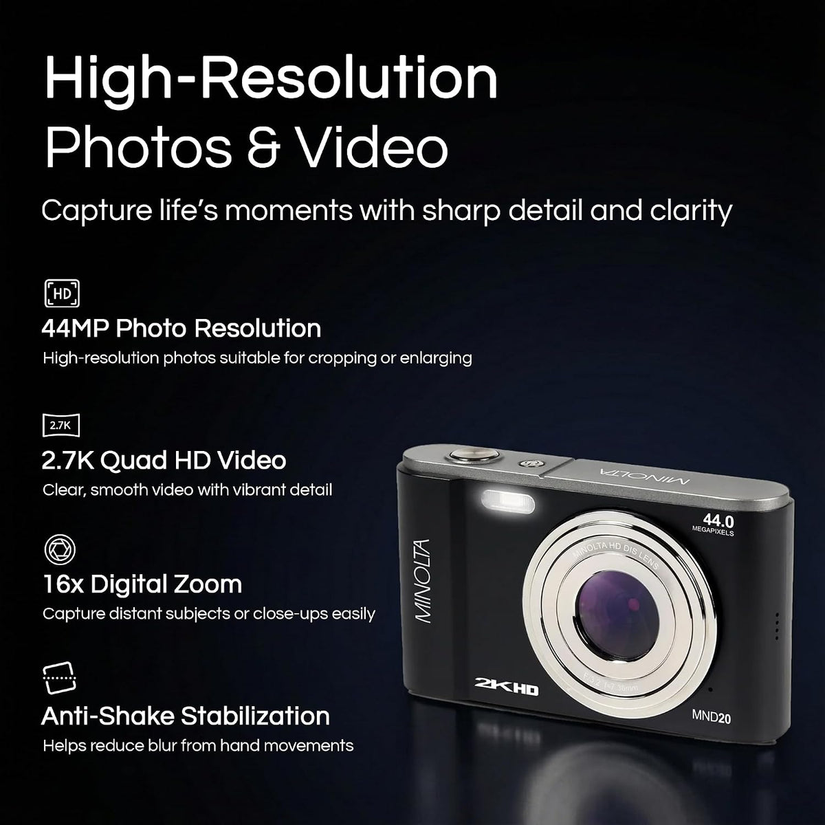 Minolta MND20 Cámara digital de 44 MP, video de 2.7K, zoom 16X (neg...