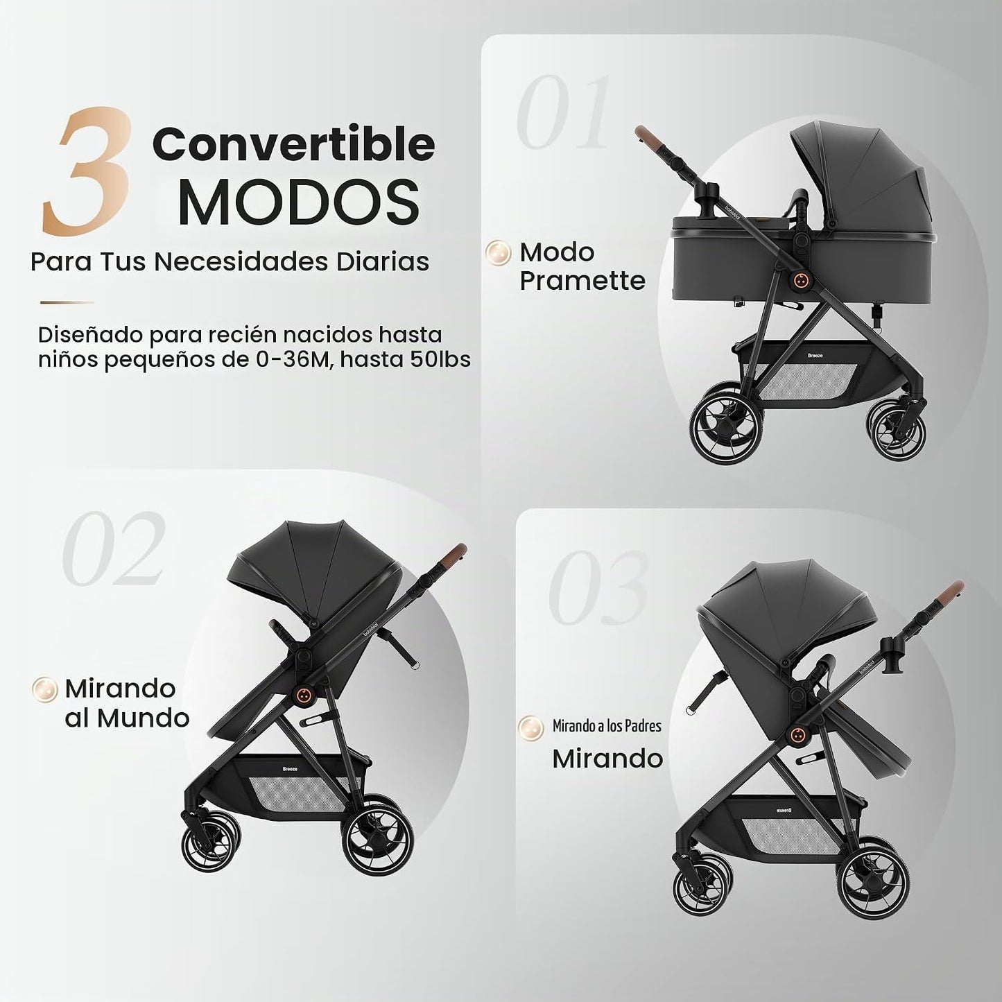 Babideal Cochecito de bebé para recién nacido y niño, plegado con u...