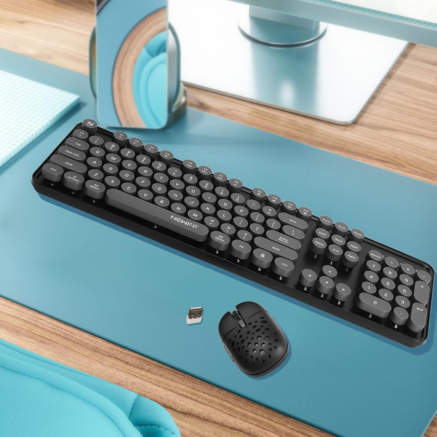 Combo de teclado y mouse inalámbricos, teclas redondas retro de 104...