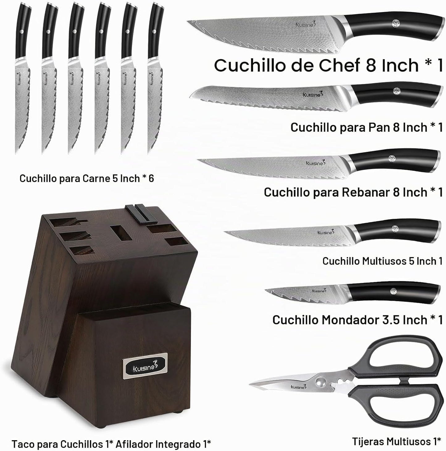 Juego de cuchillos de Damasco, juego de cuchillos afilados, mango e...