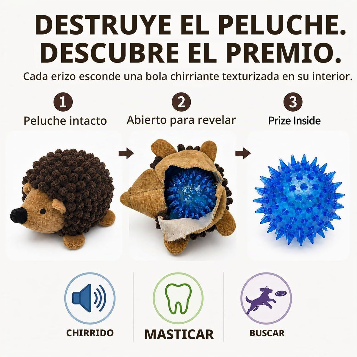Juguetes para perros de erizo 2 en 1 sin relleno, 3 piezas, bola ch...