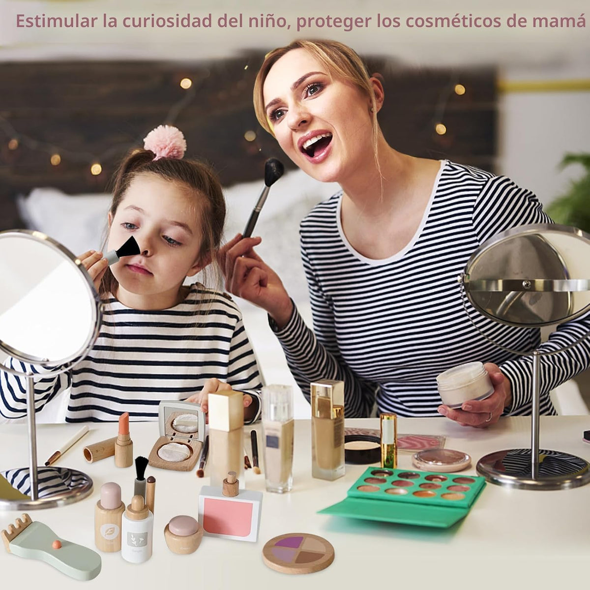 Smartwo Juego de 22 piezas de juguetes de maquillaje de madera para...