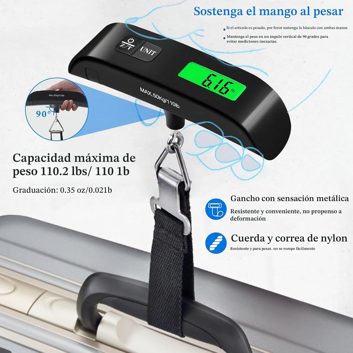 Báscula de equipaje, báscula de peso de equipaje de 110 lb con 4 fu...