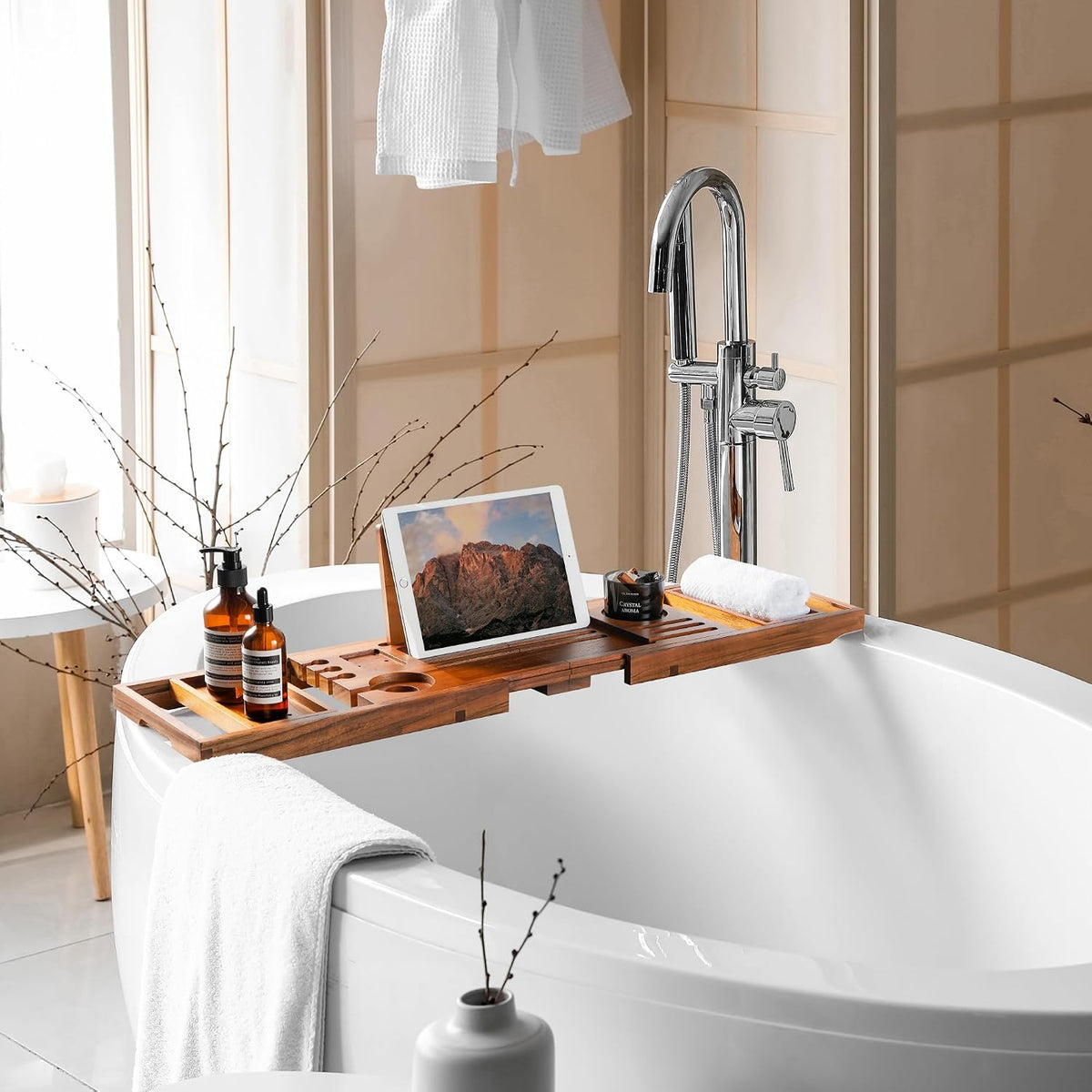 Realgulf - Bandeja de bañera de teca, organizador de baño de madera...