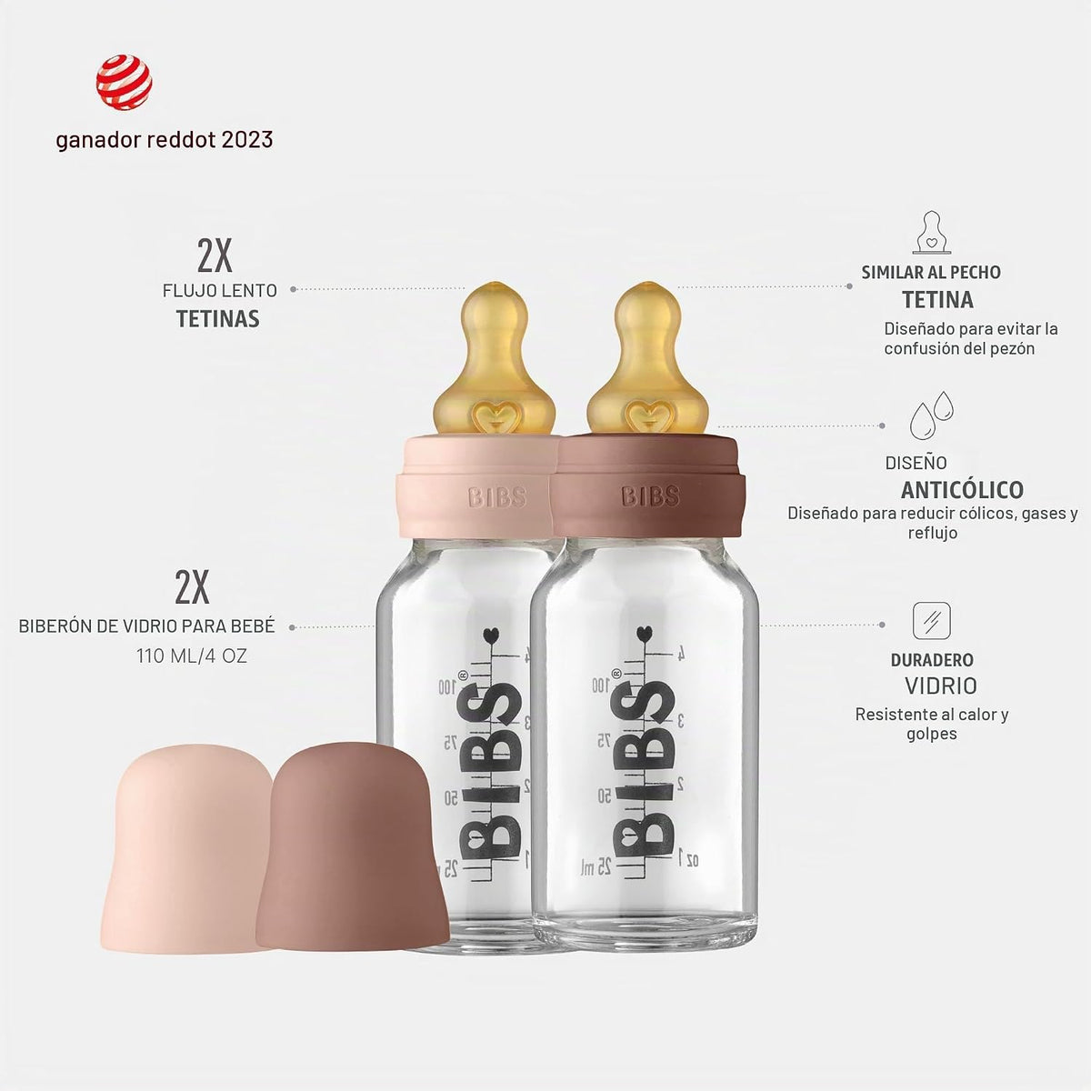 BIBS - Botella de vidrio, 3.7 onzas, paquete de 2, color rubor, mar...