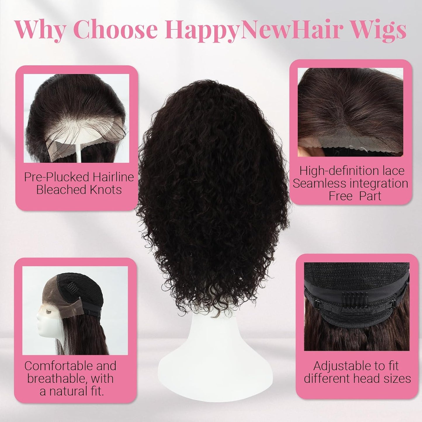 HappyNewHair Pelucas de cabello humano con encaje frontal transpare...