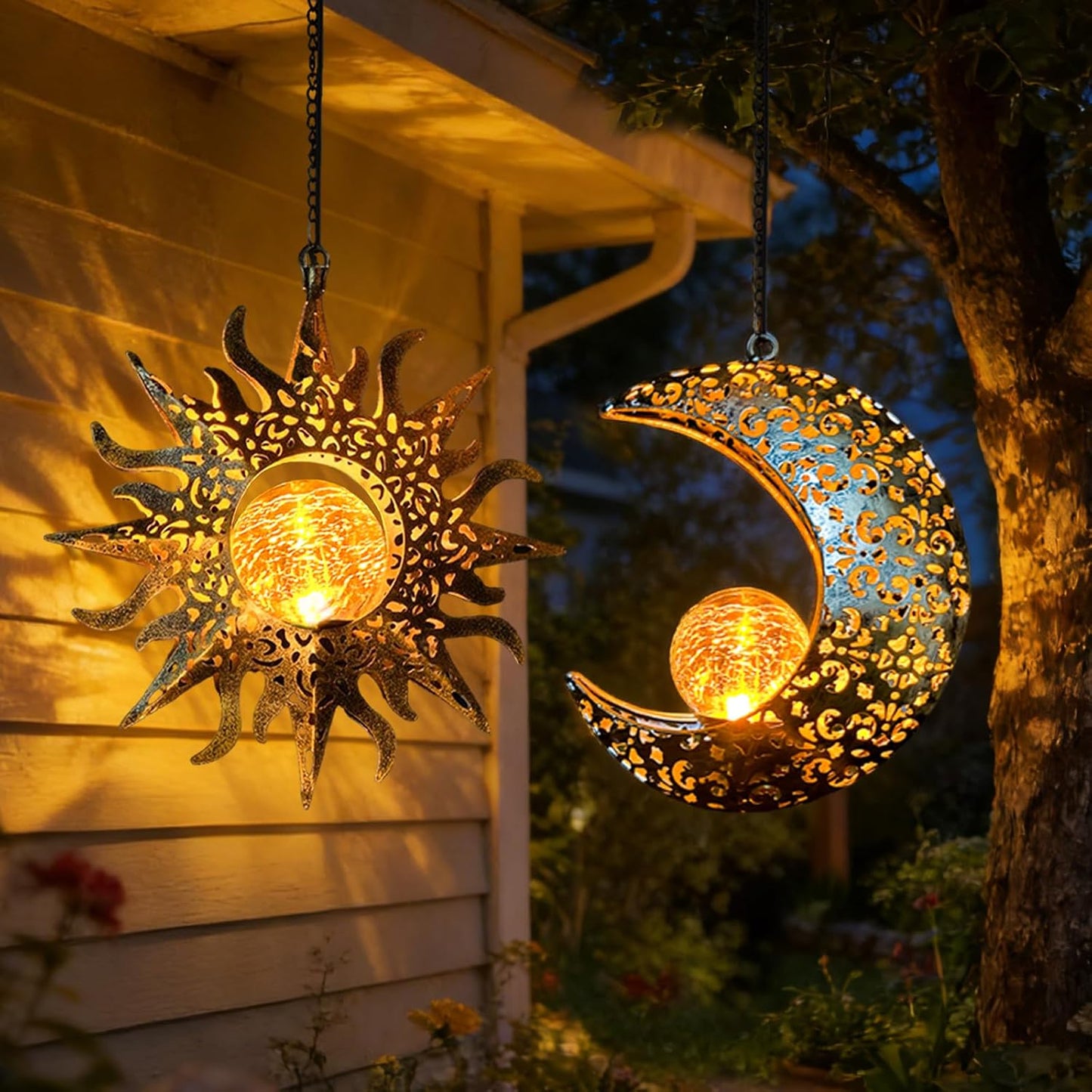 QCF Luces solares colgantes de sol y luna para decoración exterior...