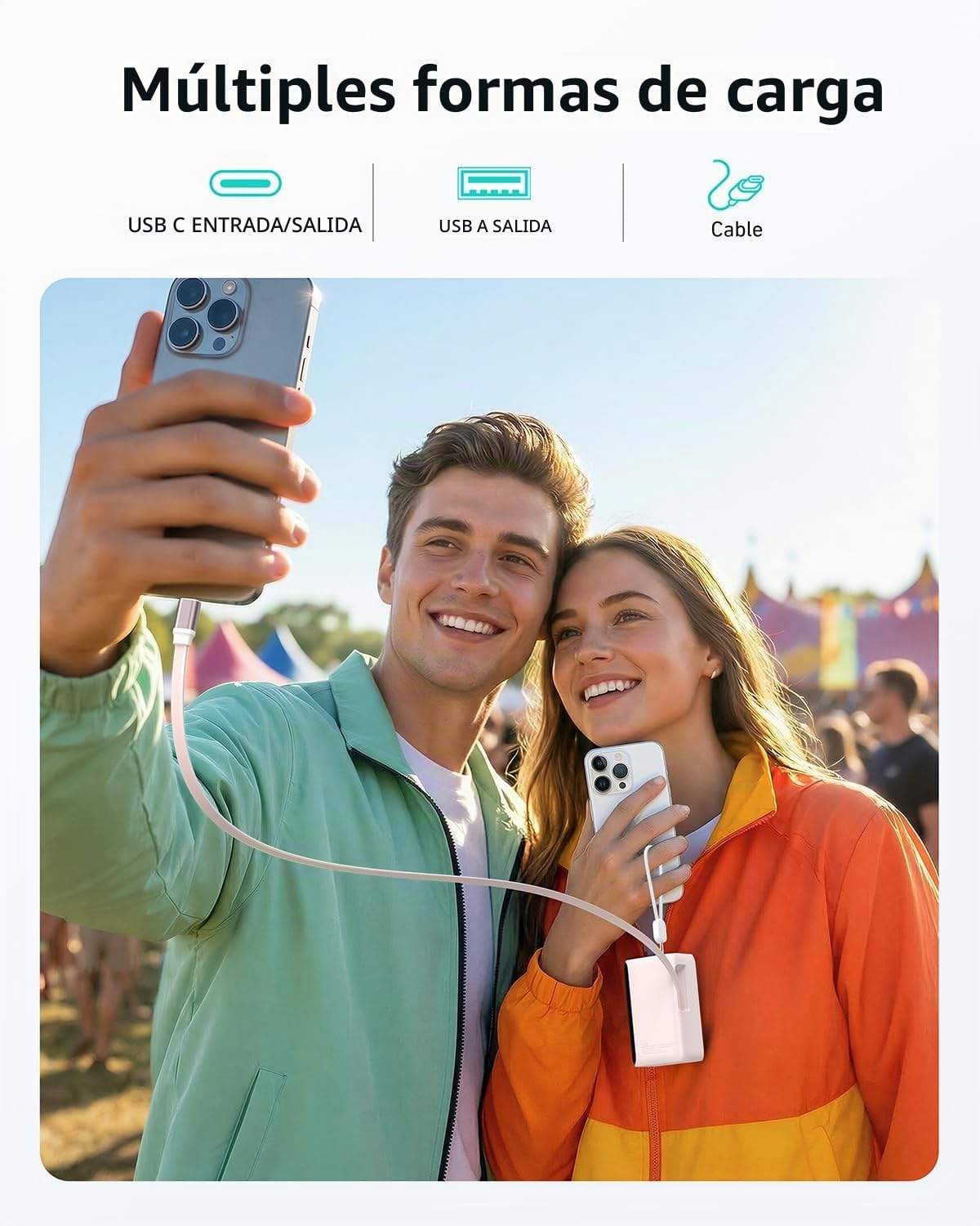 MOKiN Cargador portátil con cable USB-C retráctil integrado, cargad...