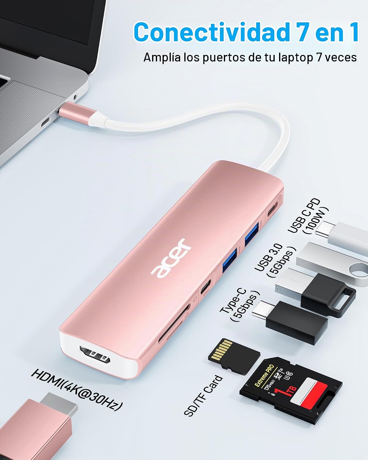 Acer USB C Hub, adaptador 7 en 1 USB-C a HDMI multipuerto, 2 USBA 3...