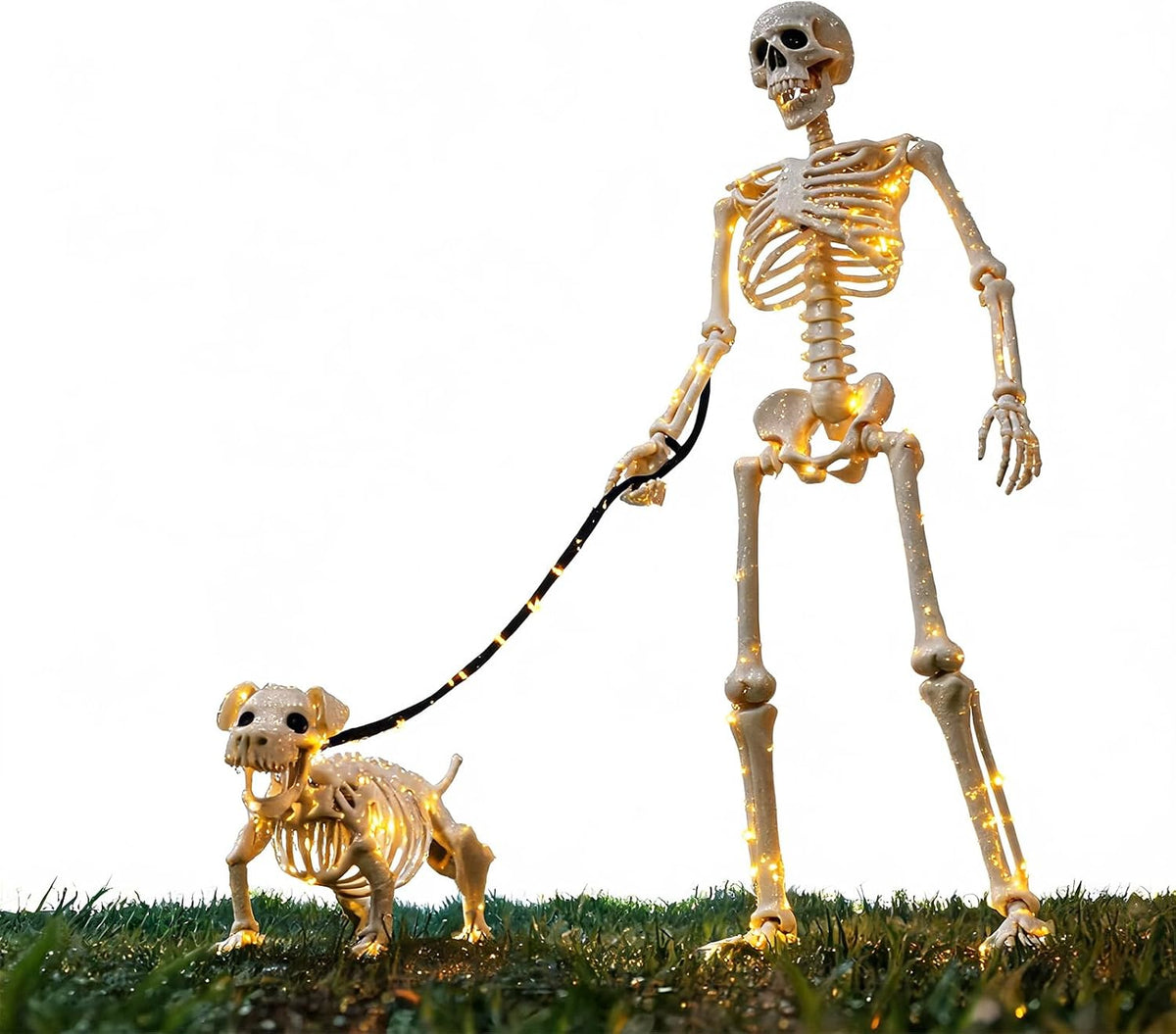 Decoraciones iluminadas de Halloween de esqueleto humano y perro pa...