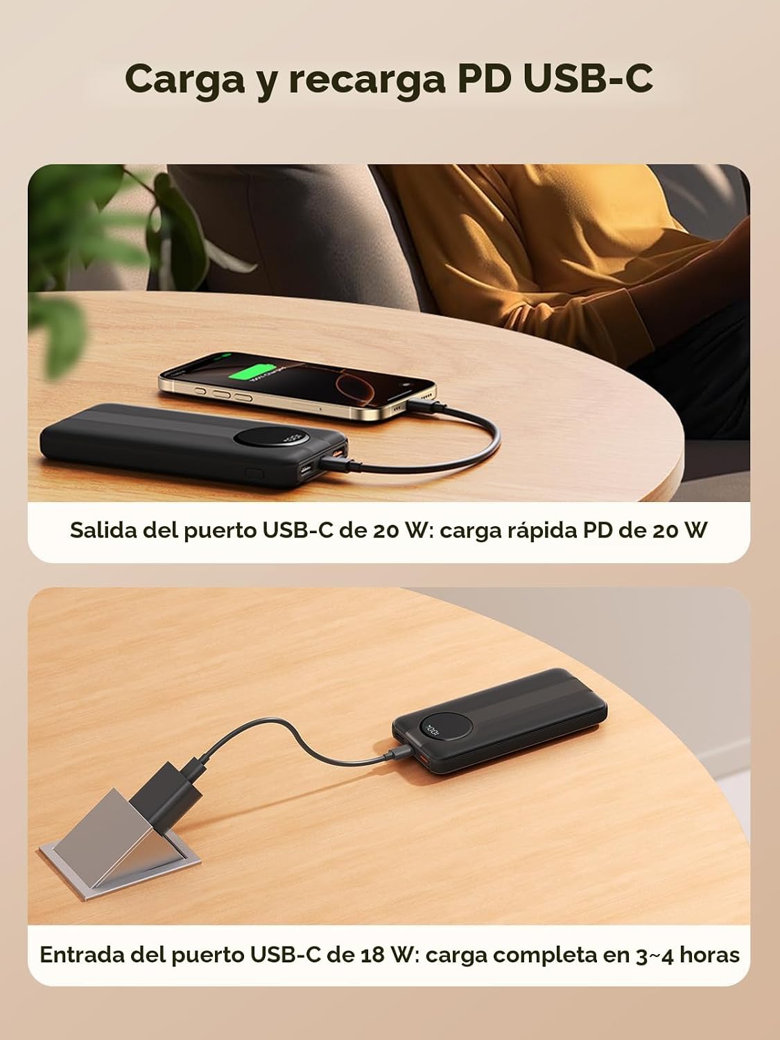 Aioneus Cargador portátil, banco de energía de 10000 mAh con cables...