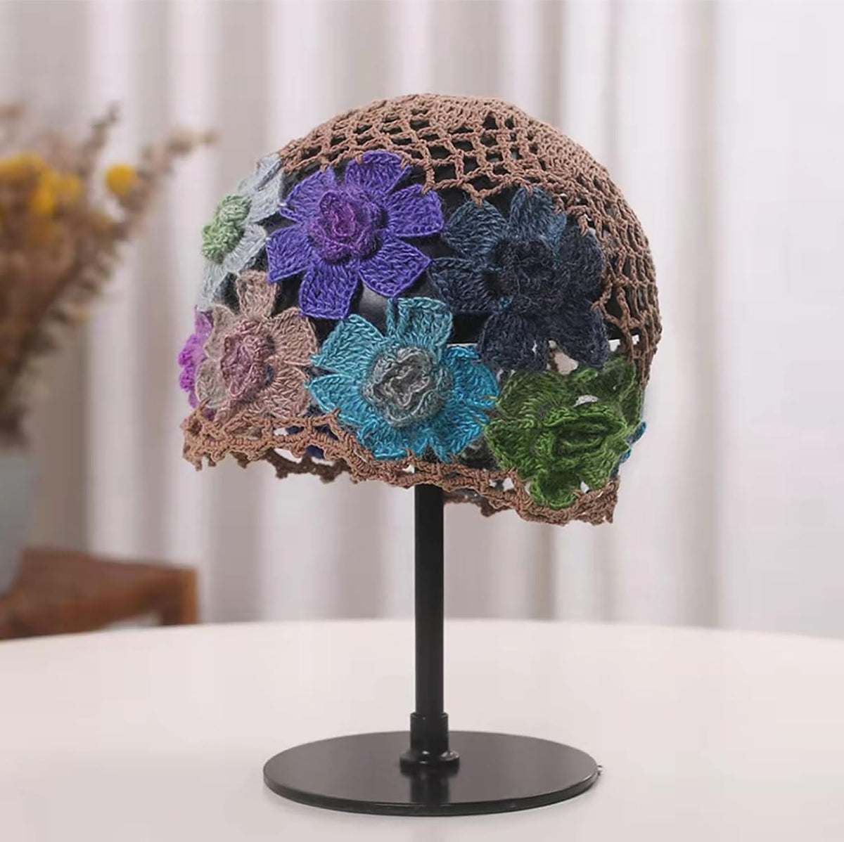 CORIRESHA Boho Chic Hecho a Mano Crochet Flor Beanie Ligero Hueco Y...