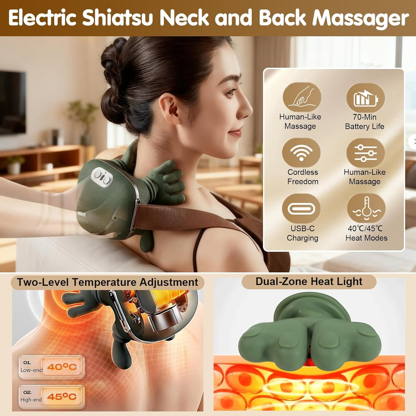 Siasoo Masajeador de cuello con calor inalámbrico portátil Shiatsu...