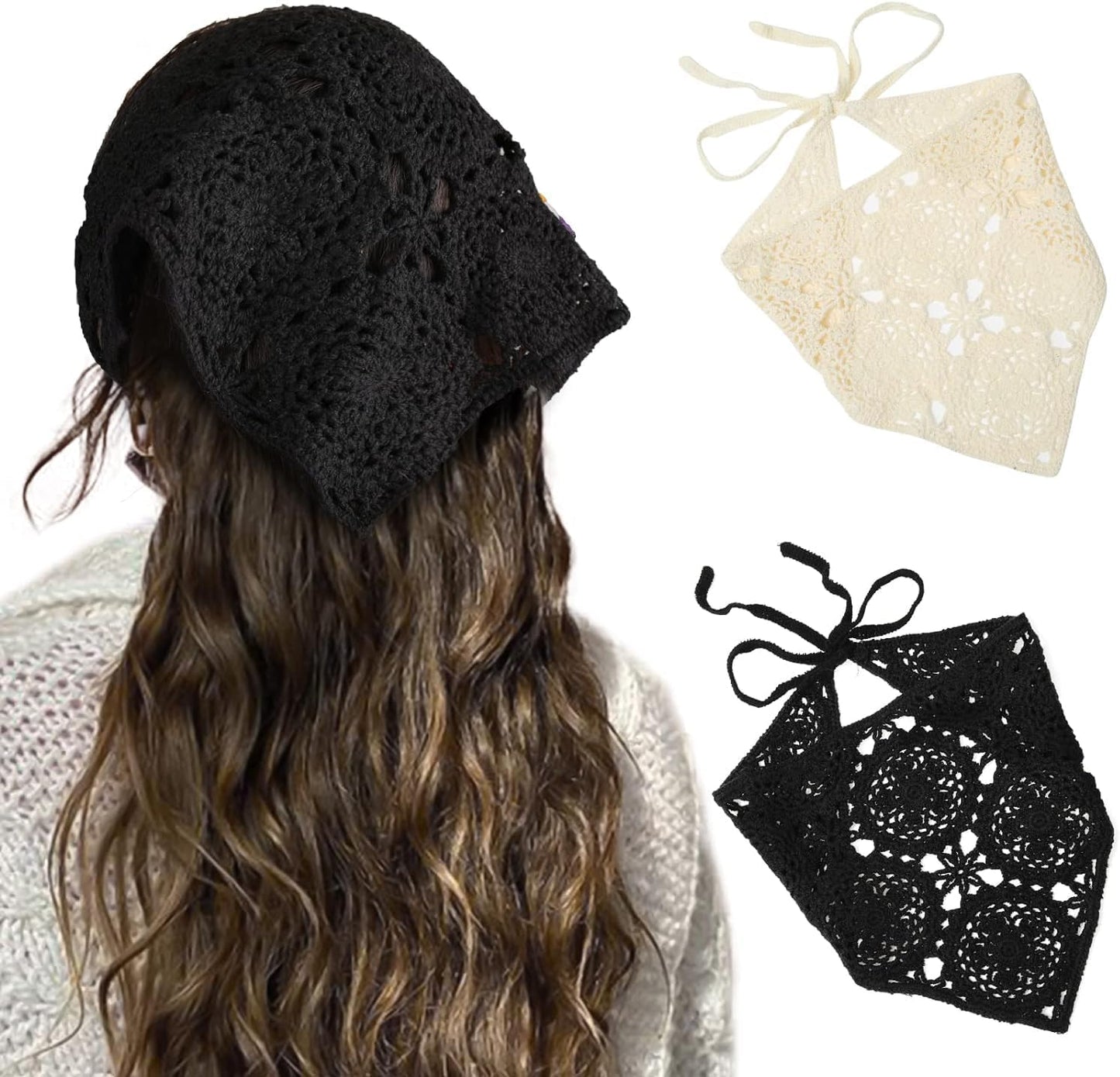 HAIMEIKANG Pañuelo floral de ganchillo para el cabello, 2 unidades,...