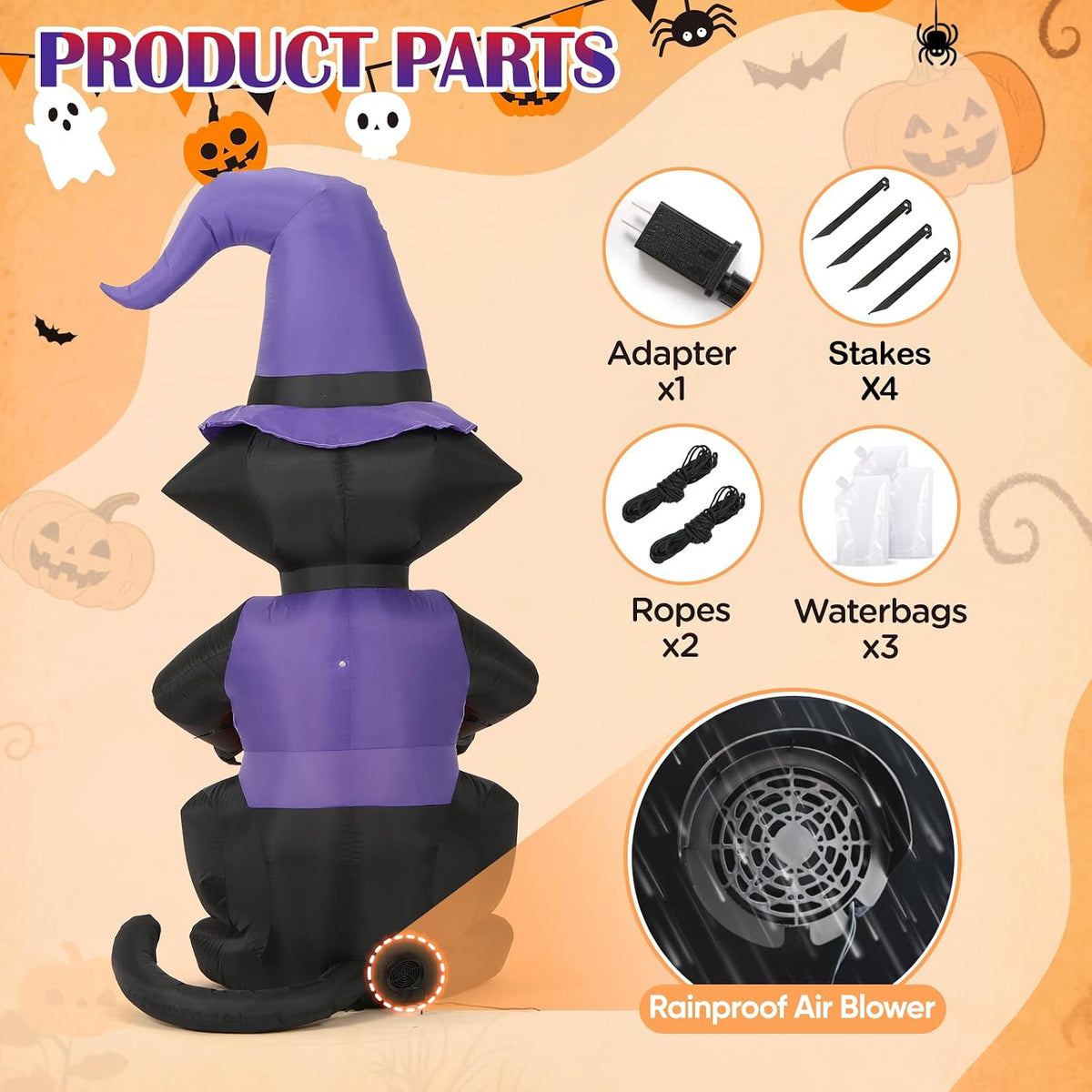 Gato negro inflable de Halloween de 6 pies, decoración de patio ilu...