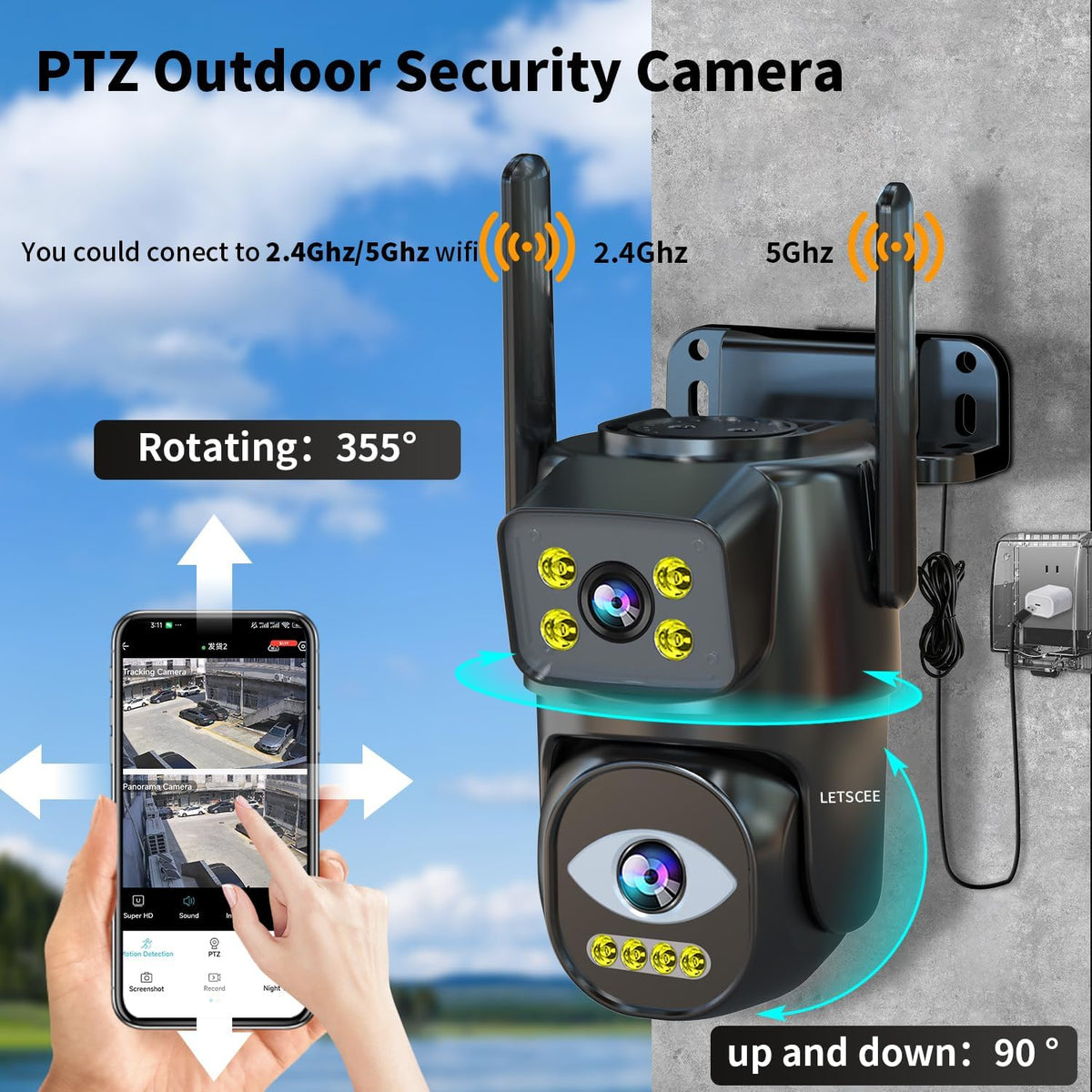 LETSCEE Cámara de seguridad WiFi de doble lente para exteriores, 2....