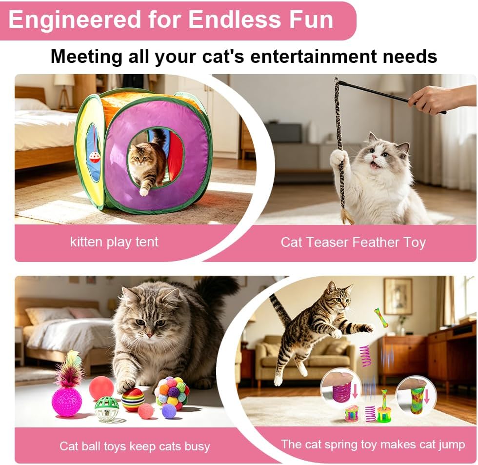 Retro Shaw Paquete de 33 juguetes para gatos de interior, con túnel...
