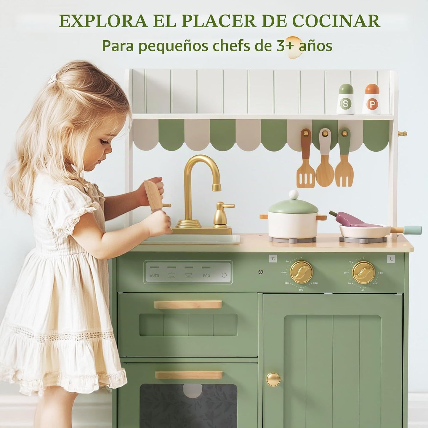 ROBUD Juego de cocina de madera para niños, juego de juguetes de co...