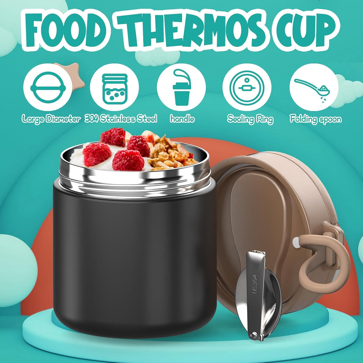 Termo para niños de comida caliente - 15.2oz con cuchara plegable y...