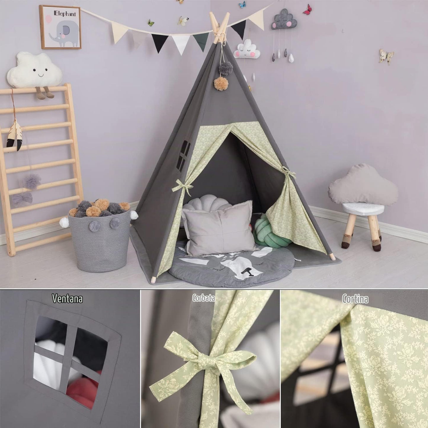 TreeBud Tienda de campaña tipo tipi para niños, alfombra acolchada...