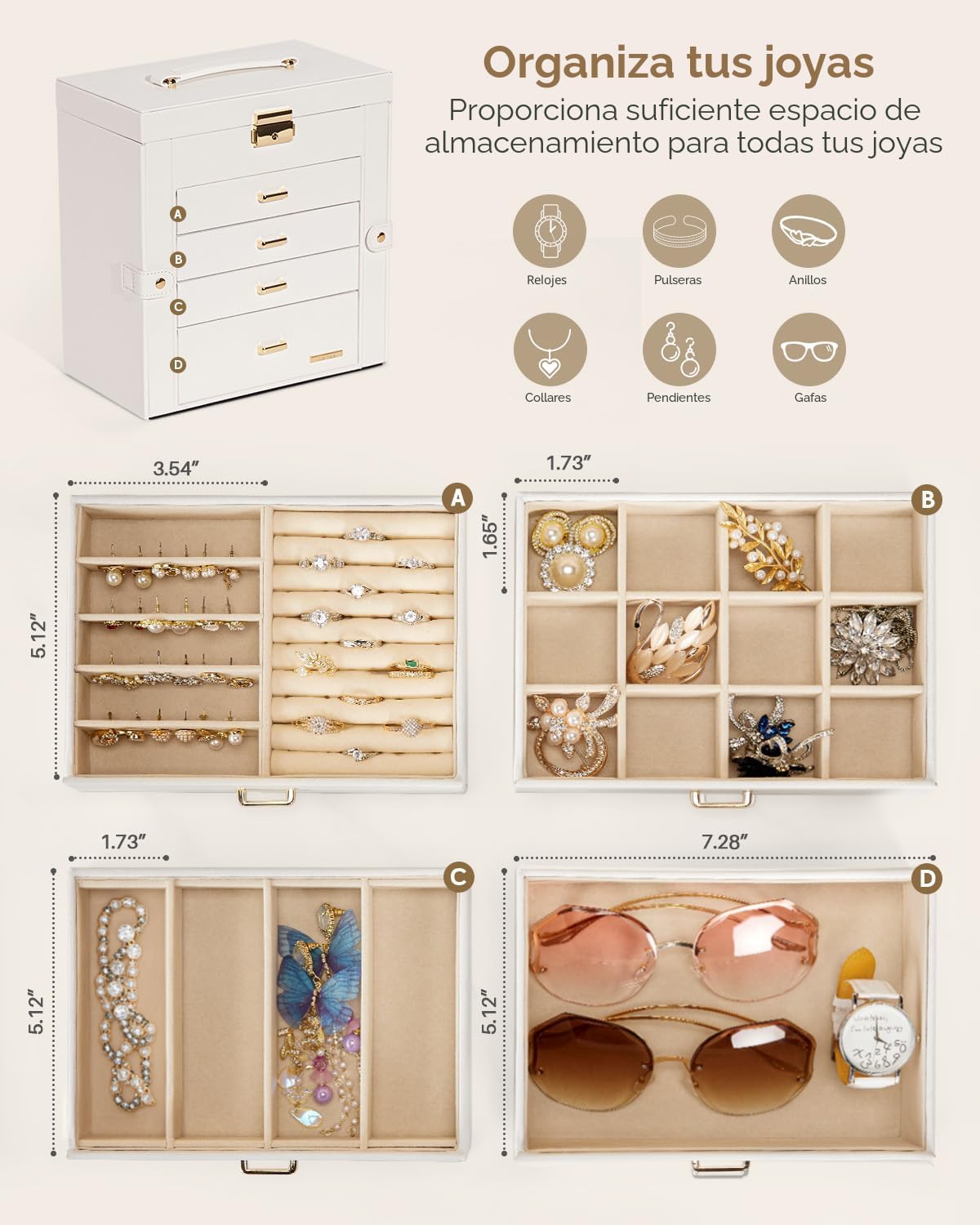 Homde - Joyero grande para mujer: organizador de 5 capas con cerrad...