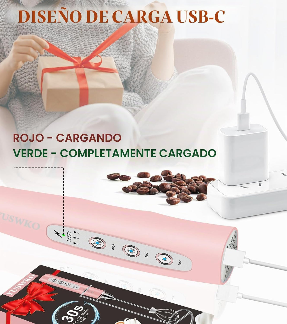 YUSWKO Varita espumadora de leche de mano para café, batidor eléctr...