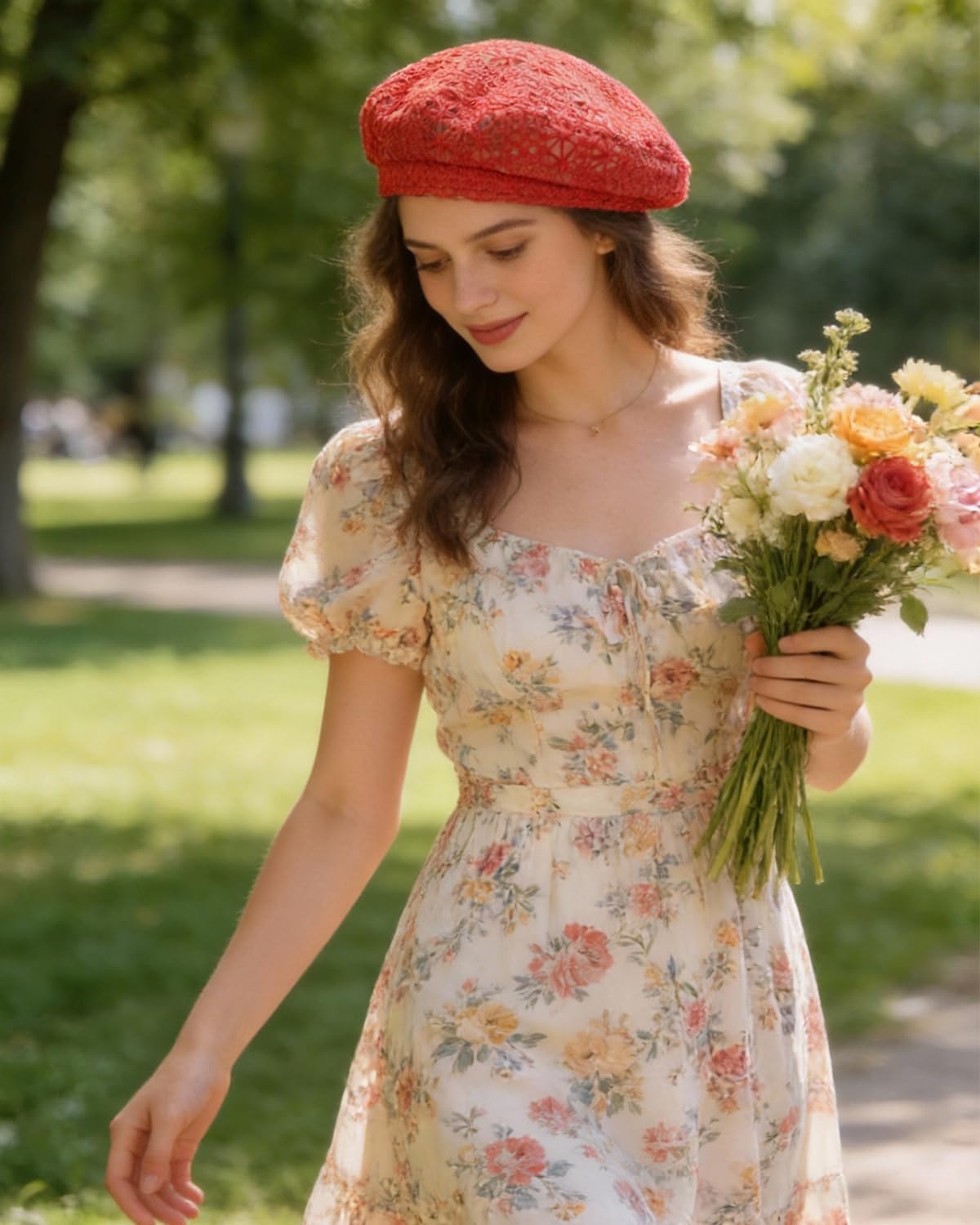 MOSSTYUS Boina ligera de encaje para mujer, diseño floral, transpir...