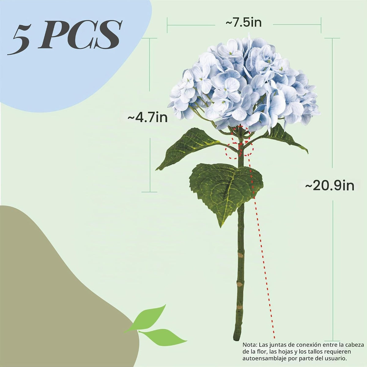Yatim Hortensias artificiales azules de 21 pulgadas con tallos 5 pi...