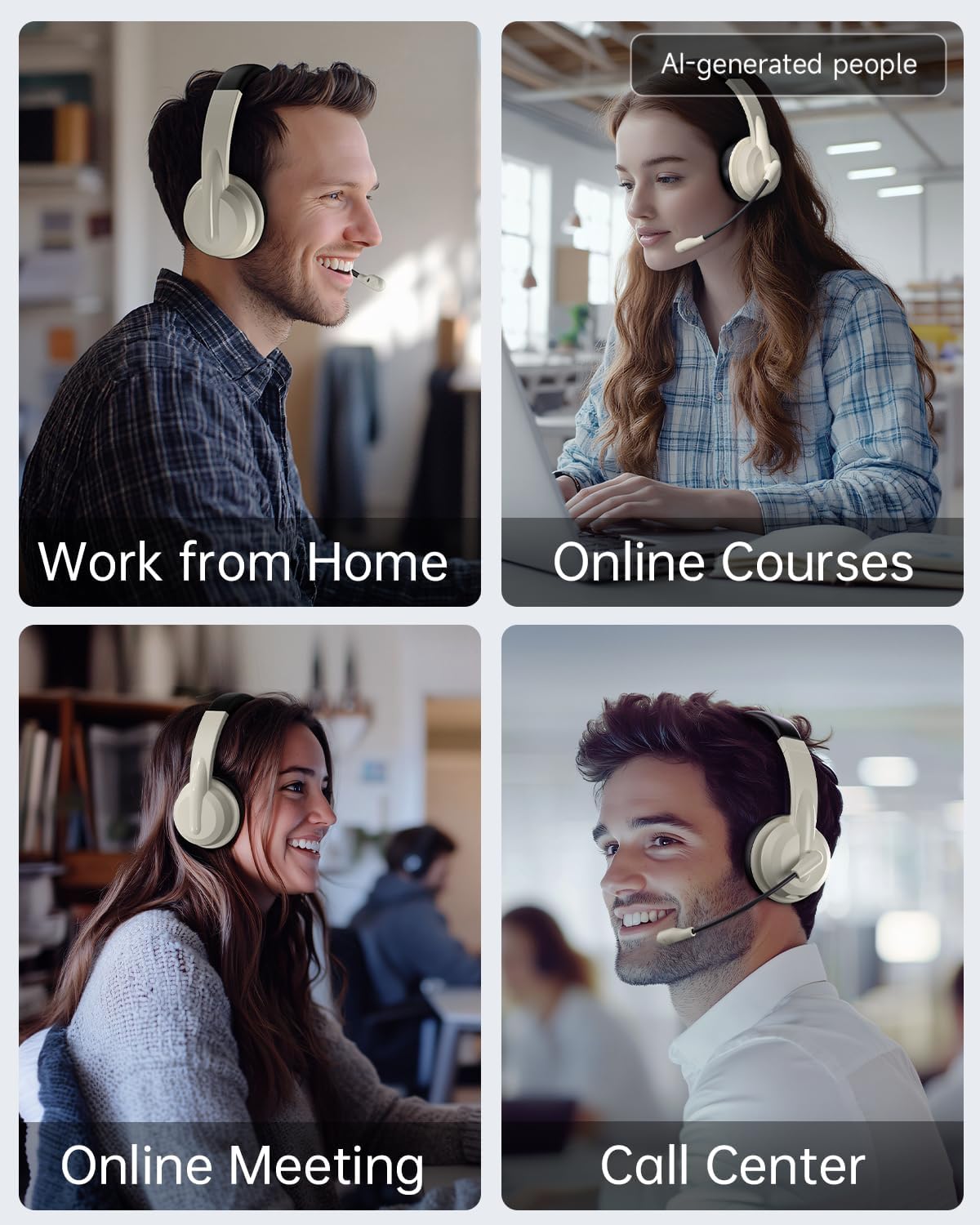 AOC Auriculares inalámbricos con micrófono para trabajo, cancelació...