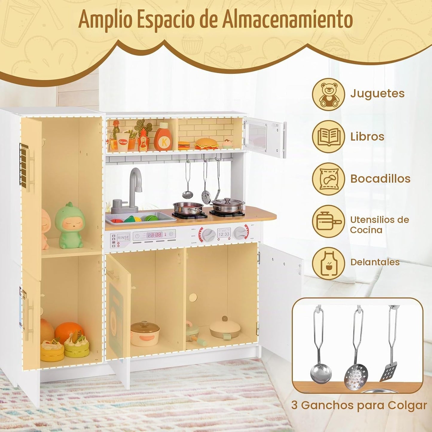 HONEY JOY Juego de cocina para niños, cocina de madera de pequeño c...