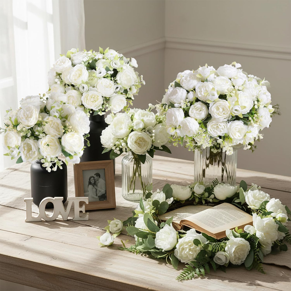 12 ramos de peonías artificiales de flores blancas, peonías falsas...