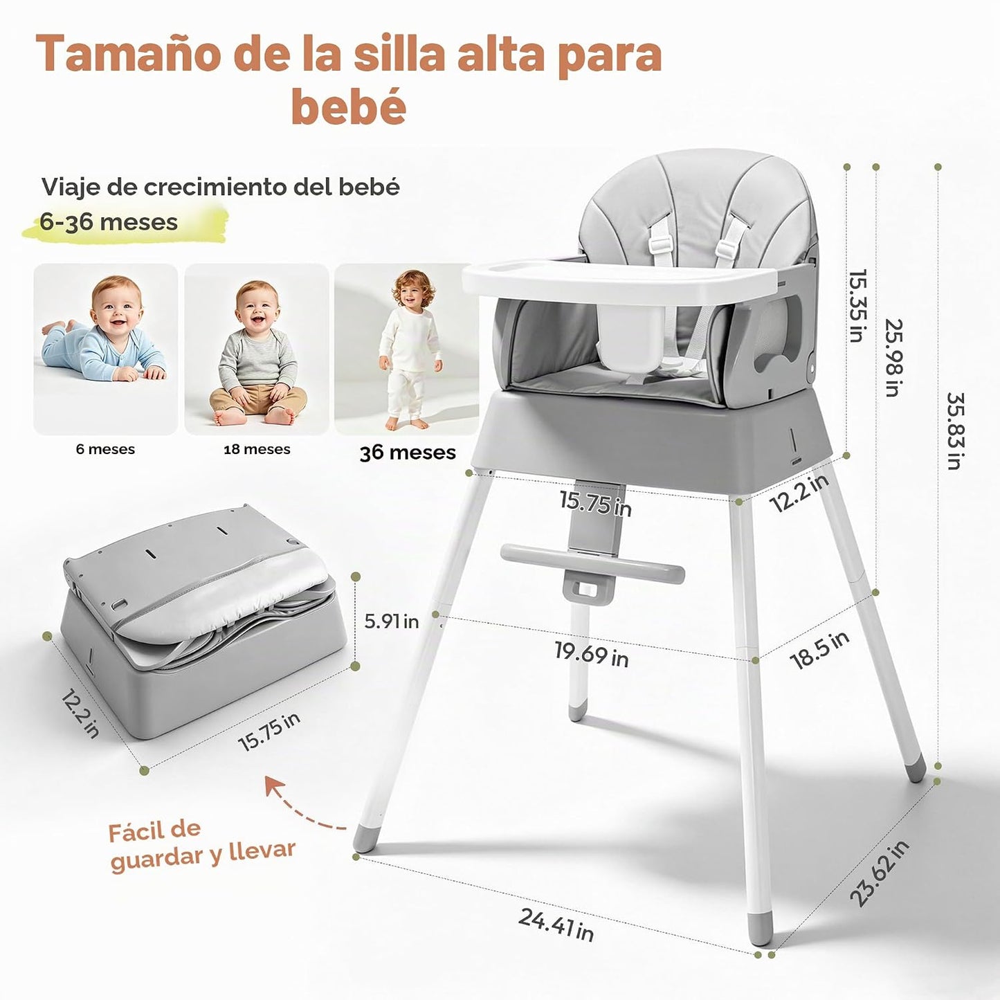 Silla alta plegable 5 en 1, silla alta convertible para bebés y niñ...