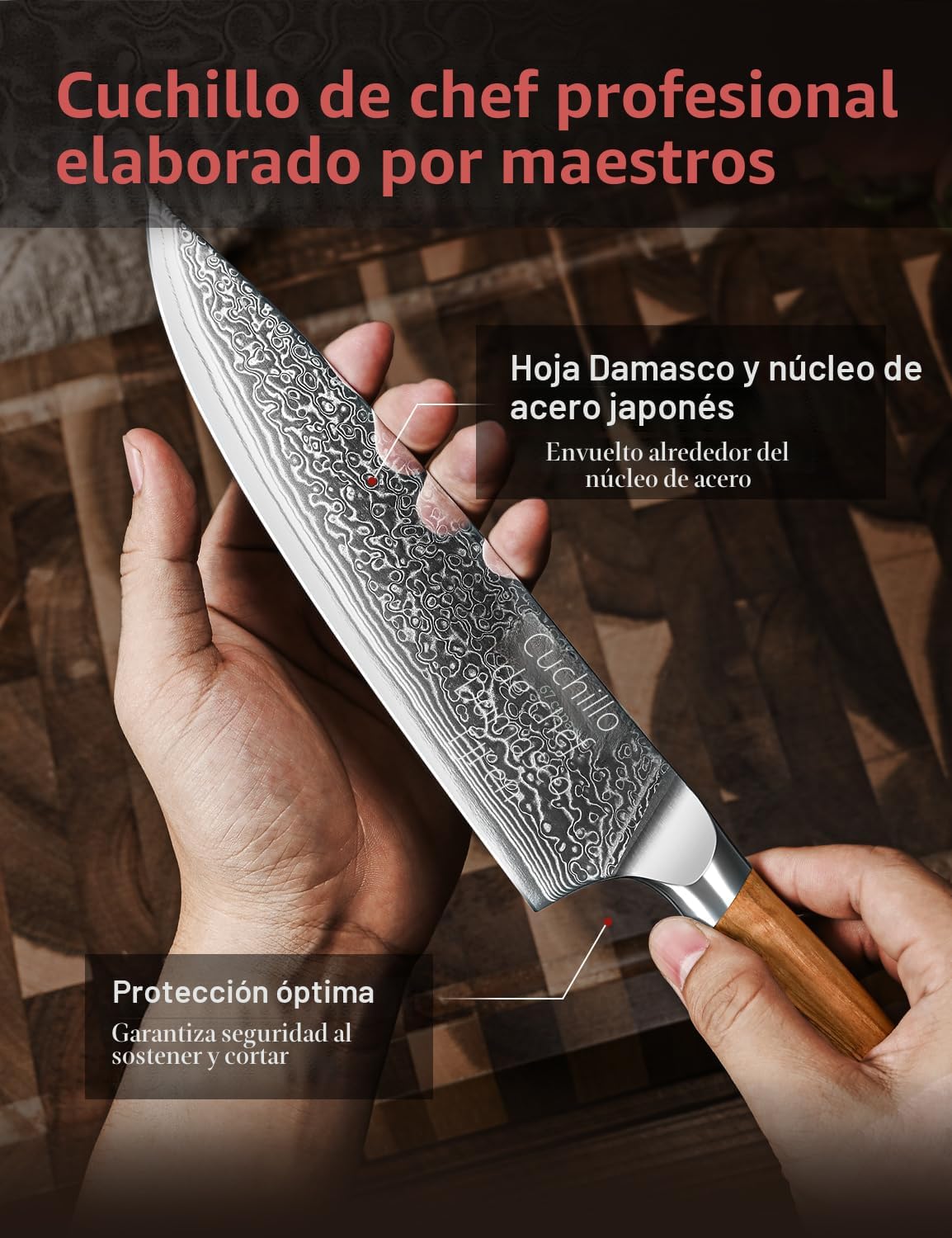 Cuchillo de chef de Damasco en acero japonés, cuchillo de cocina de...