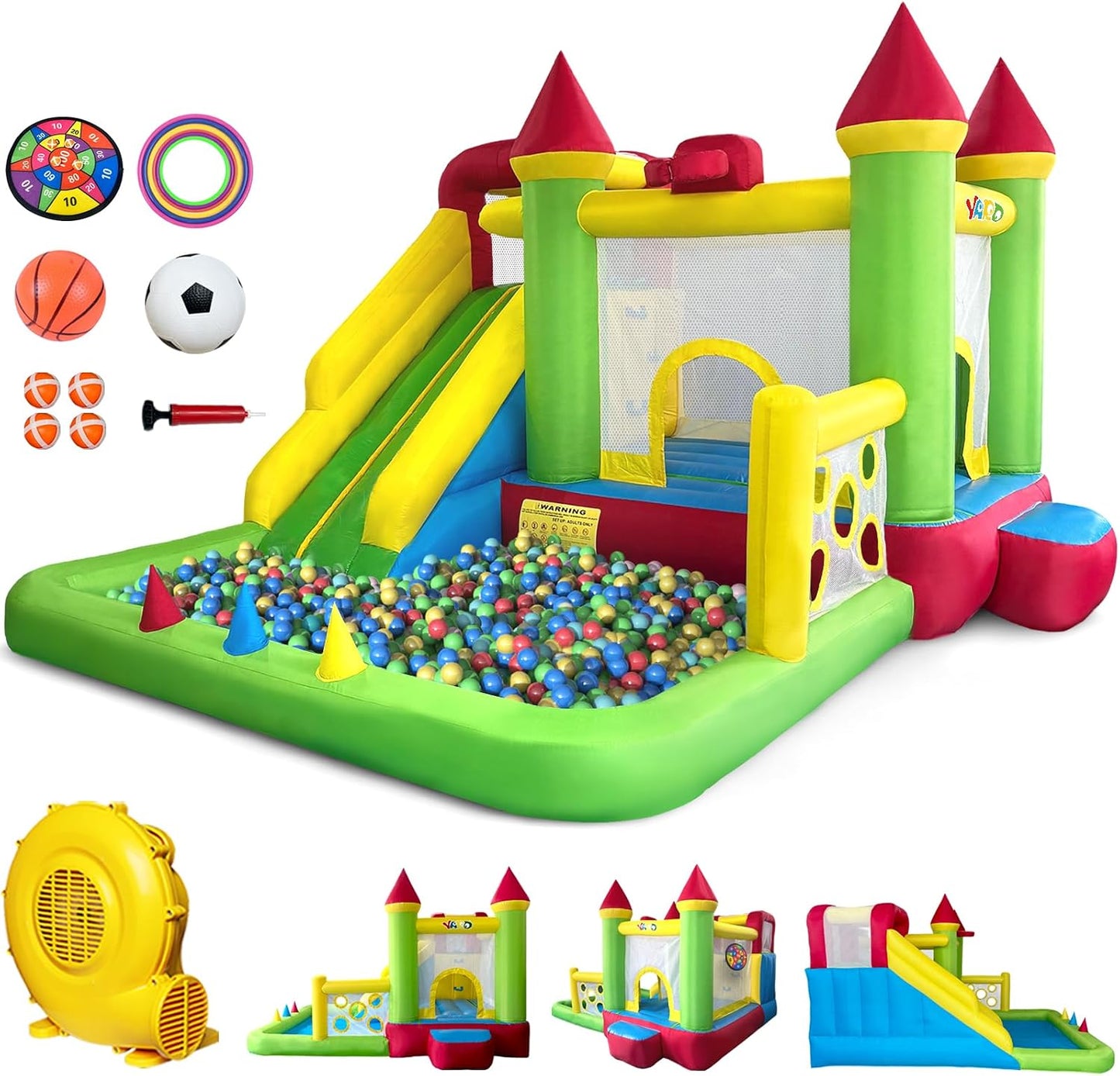 YARD Casa inflable de rebote para niños 3-6, 8 en 1 con tobogán, so...