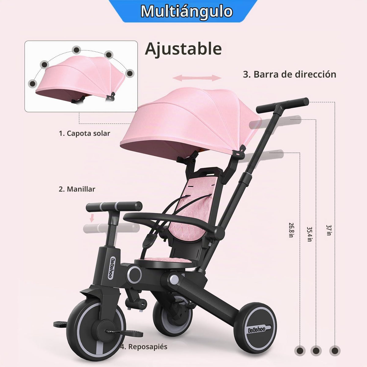 Bebehoo Cochecito de triciclo para niños pequeños, triciclo plegabl...